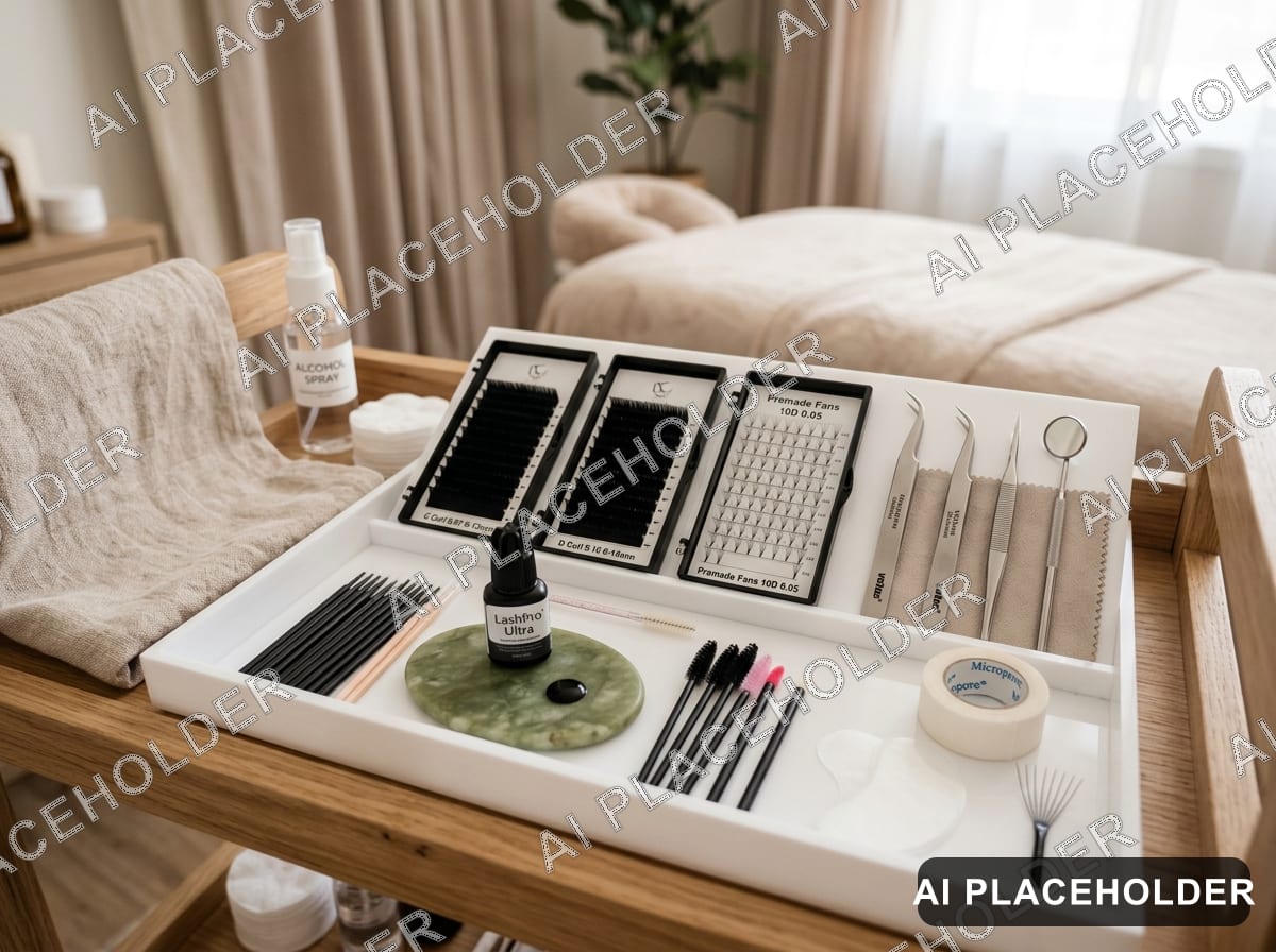A fresh set of tools and lashes, opened in front of you.